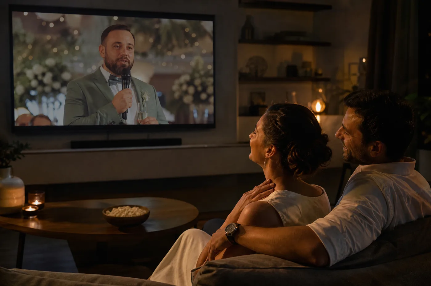 A couple watches their film together at home