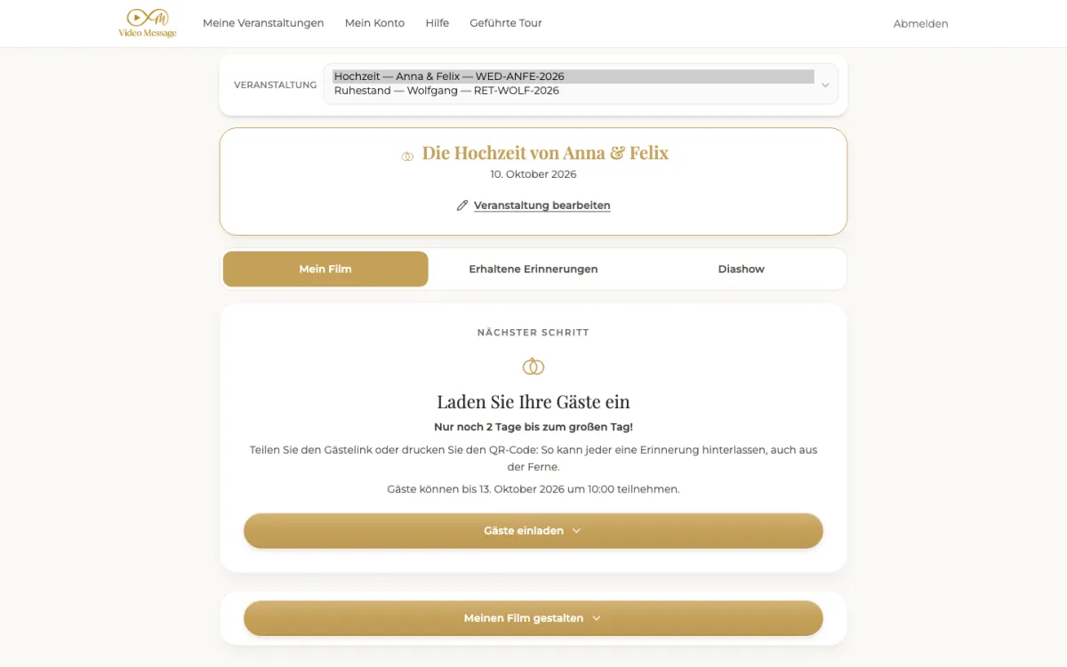 Organisatorbereich mit geöffneter Event-Auswahl