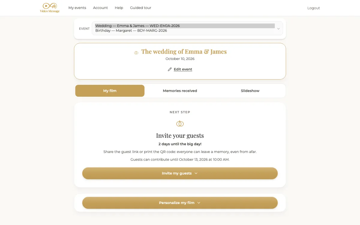 Host dashboard with the event switcher open