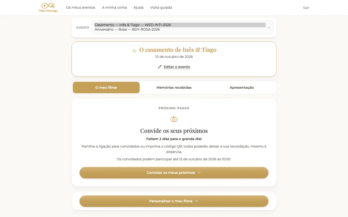 Área do organizador com o seletor de eventos aberto