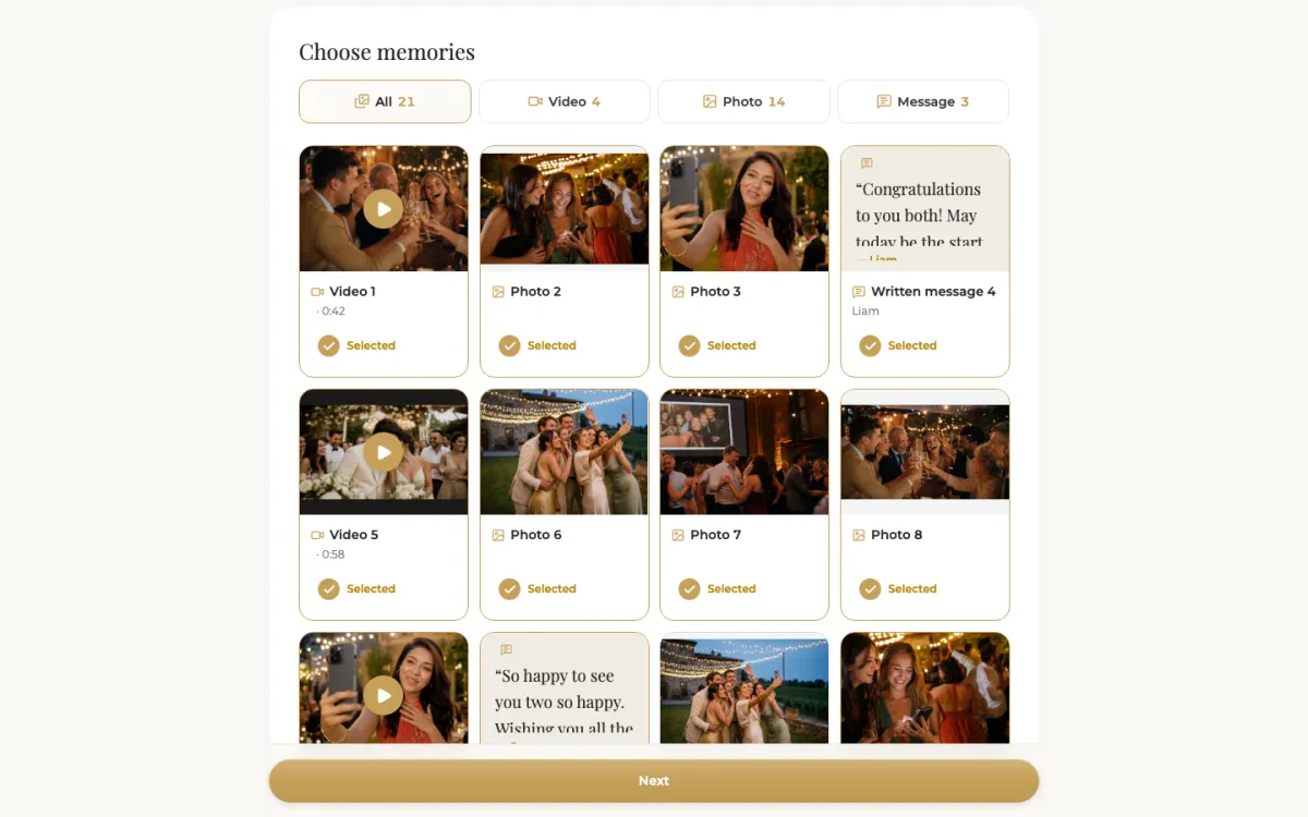 Choosing the videos, photos and notes for the personalized film