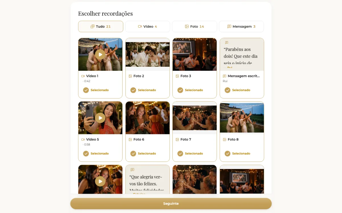 Escolha dos vídeos, fotografias e mensagens do filme personalizado