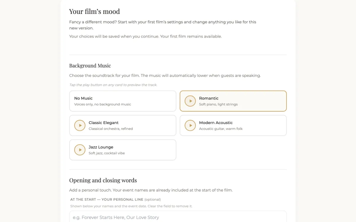 Settings for the personalized film: mood, music and look