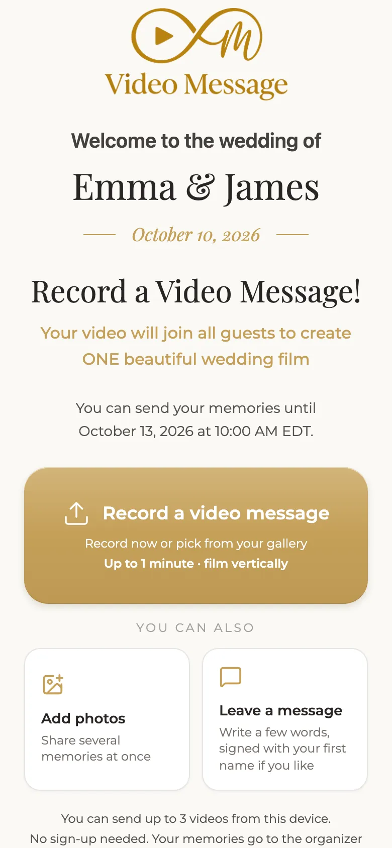 The guest screen on a phone: record a video, send photos or write a note