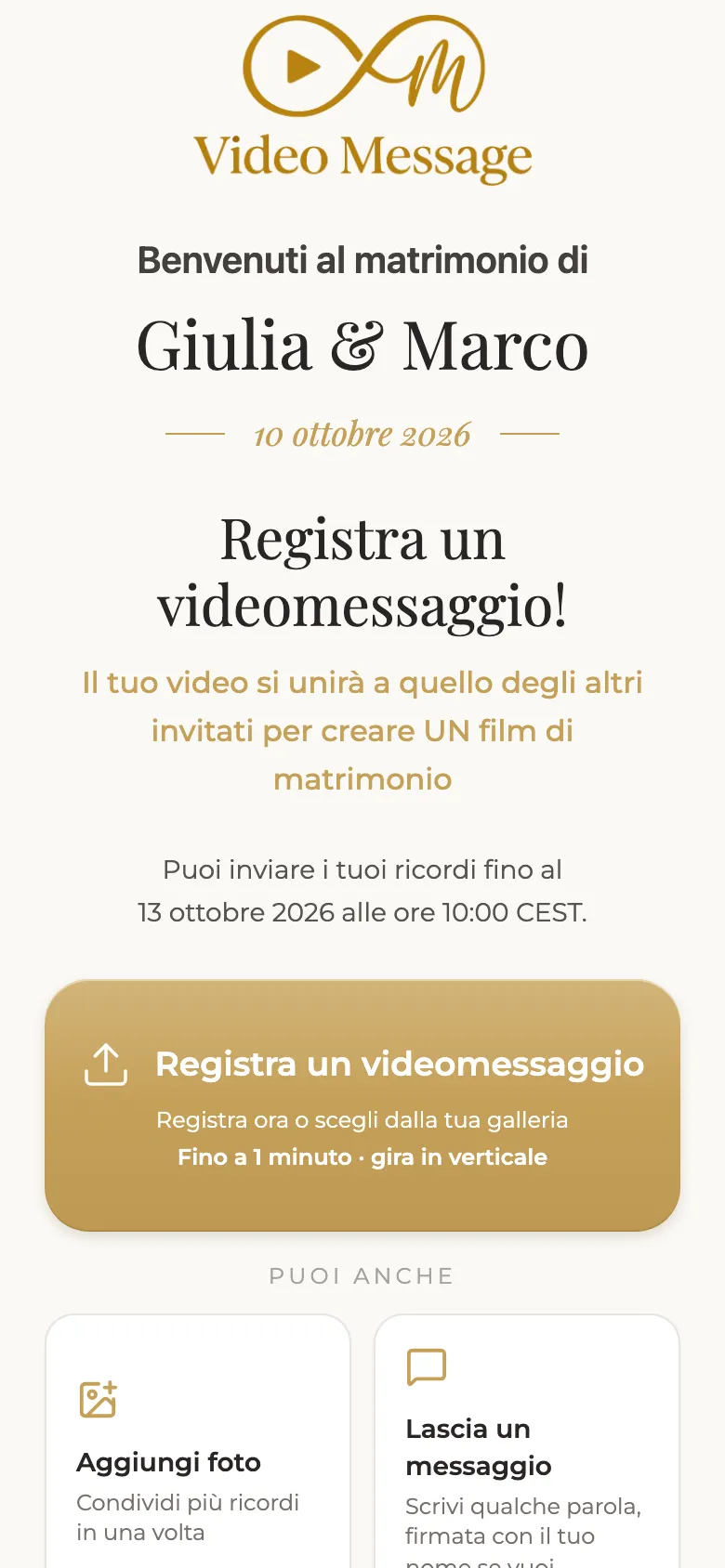 Schermata iniziale dell'invitato: video, foto o dedica