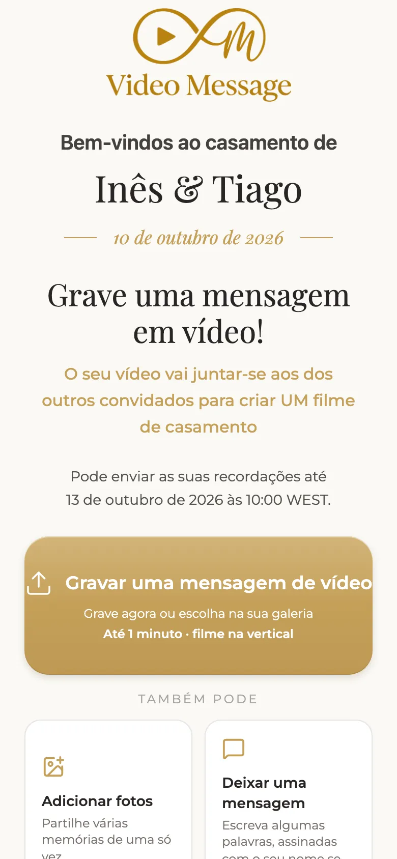Página inicial do convidado: vídeo, fotografias ou mensagem