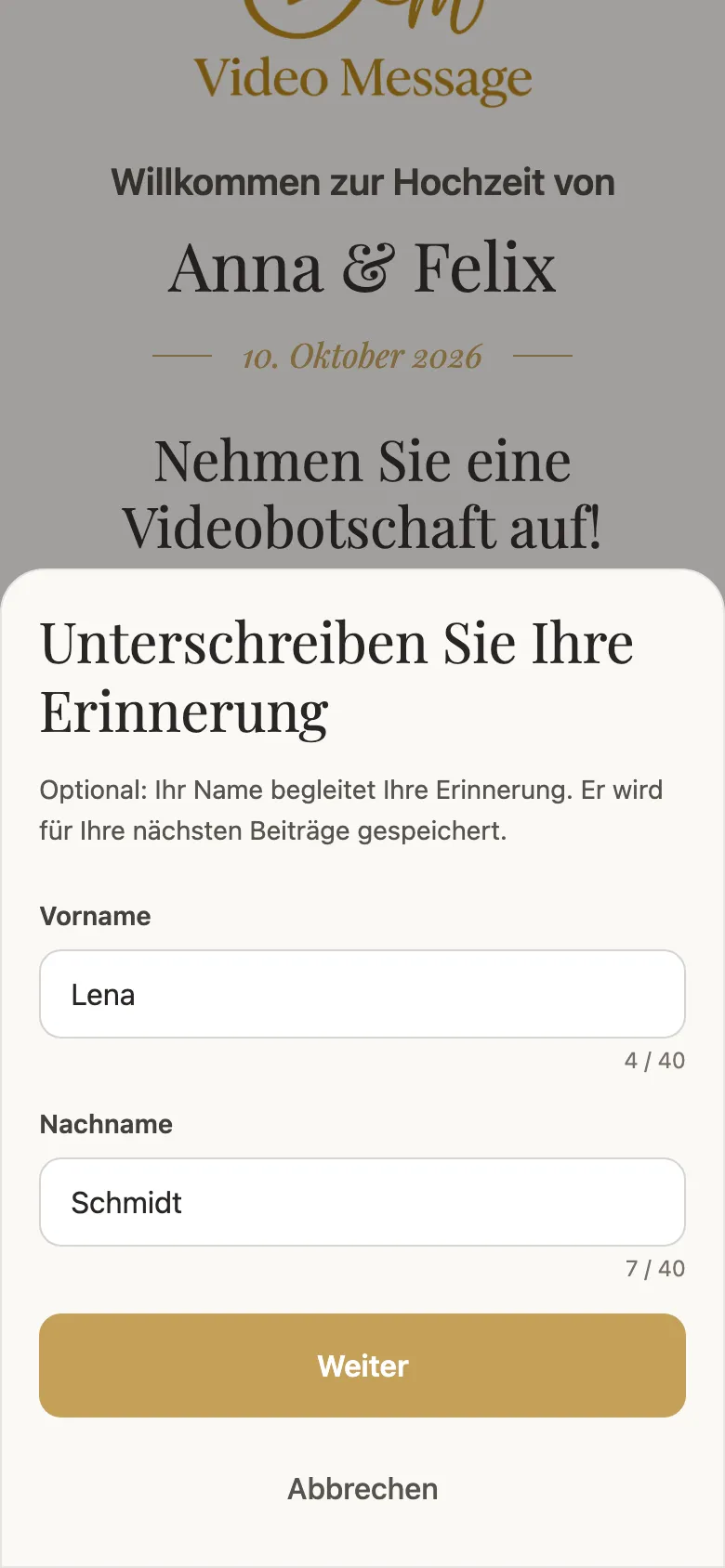Der Gast gibt vor dem Senden seinen Vornamen ein