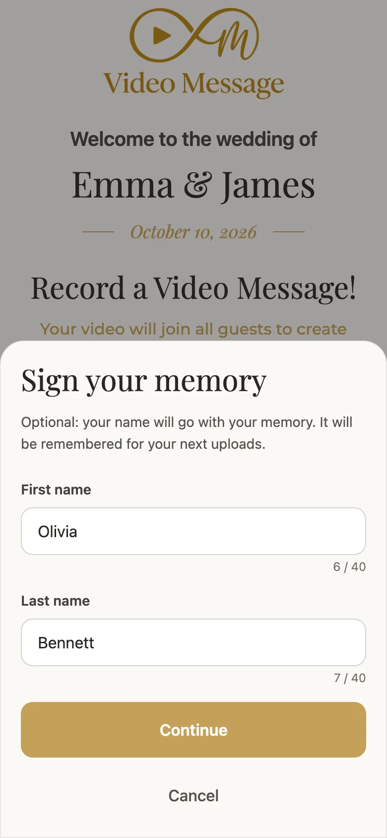 The guest adds a first name before sending