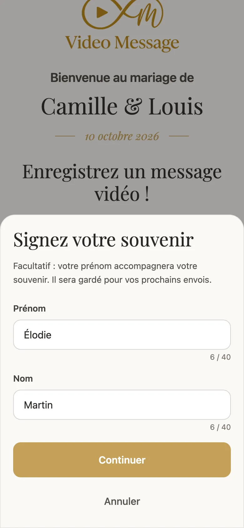 L'invité indique son prénom avant d'envoyer