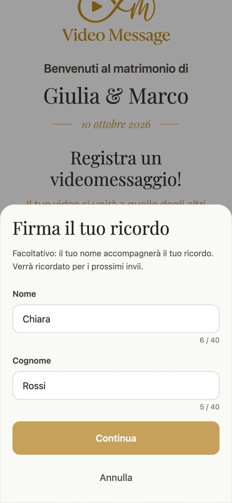 L'invitato scrive il suo nome prima di inviare