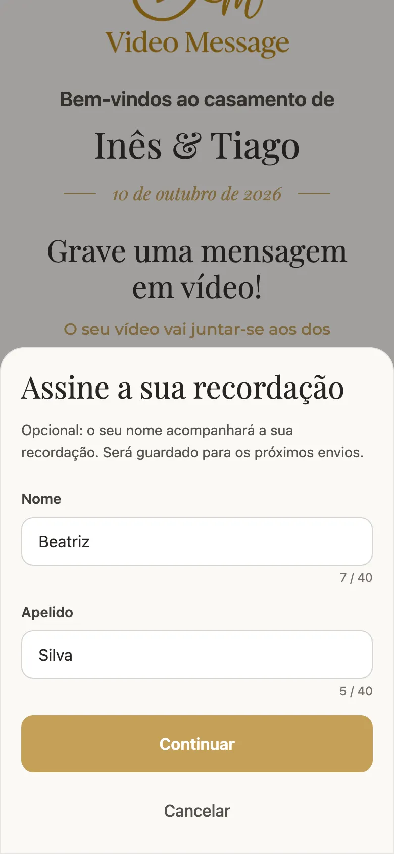 O convidado indica o nome próprio antes de enviar