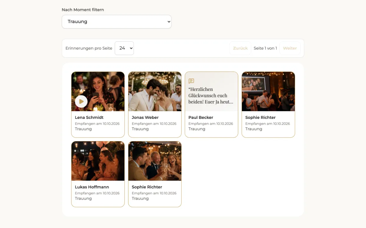 Filter der Fotos nach Momenten im Organisatorbereich