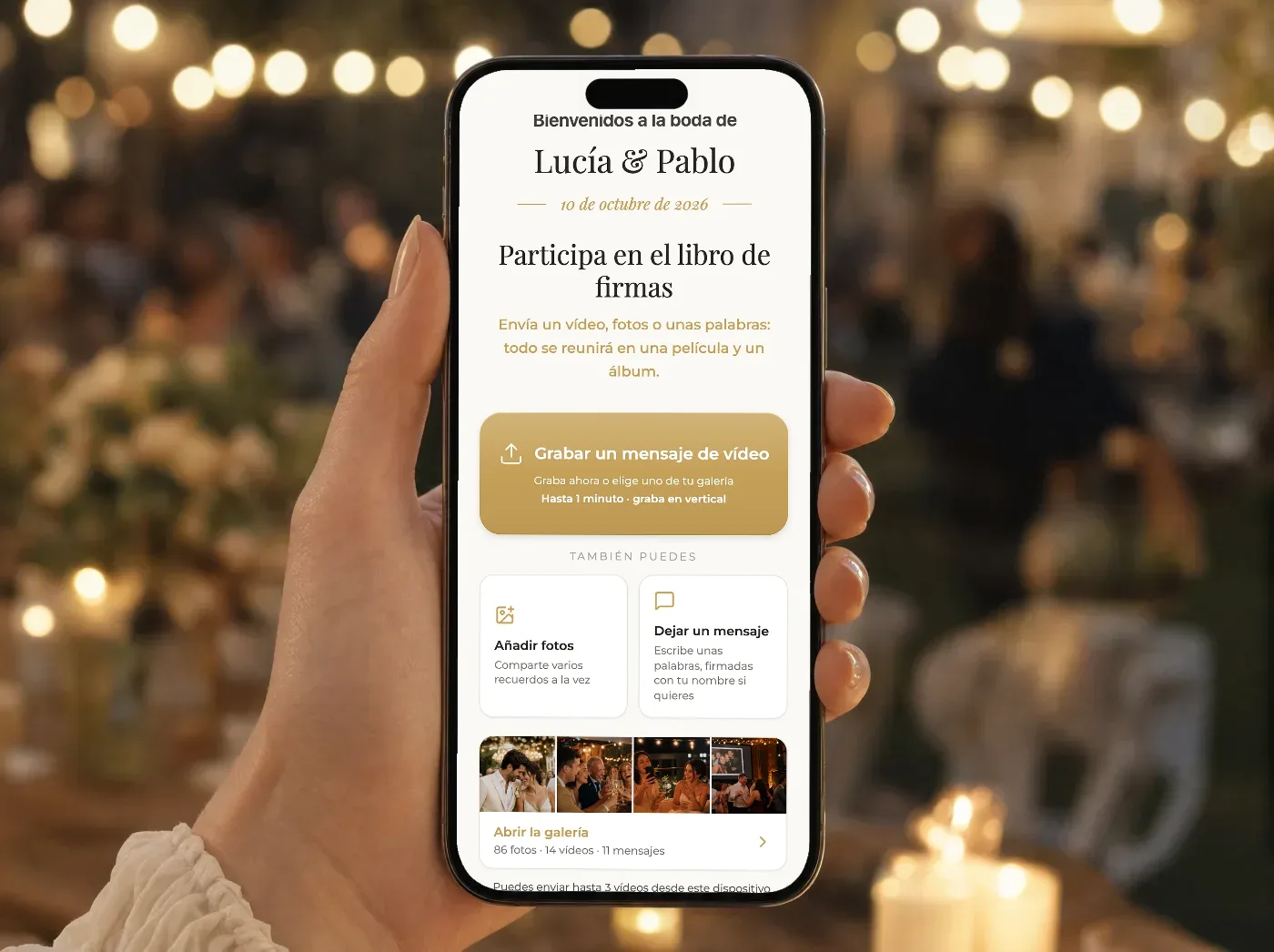 Pantalla del invitado: grabar un vídeo, añadir fotos o dejar un mensaje