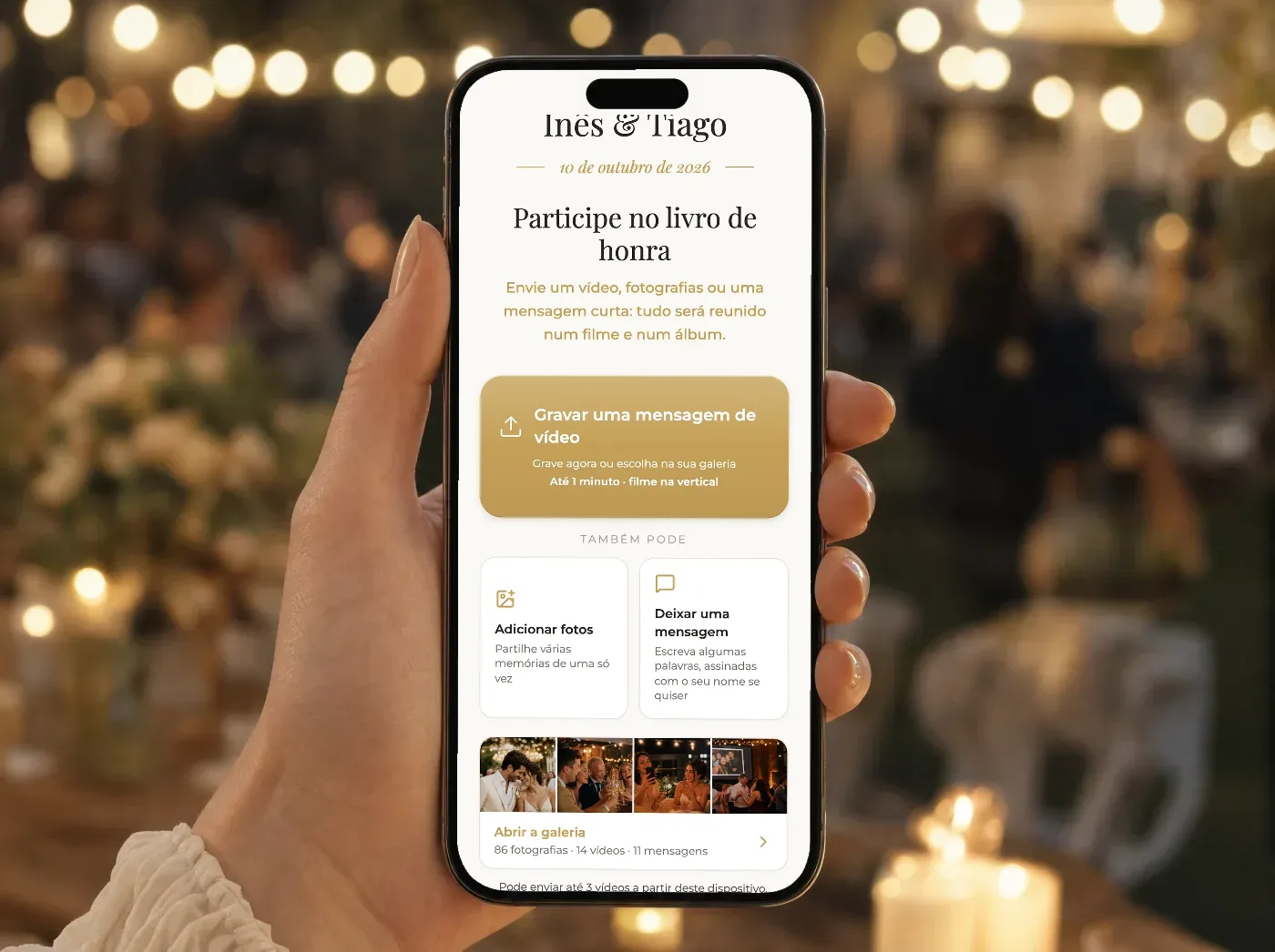 Ecrã do convidado: gravar um vídeo, juntar fotografias ou deixar uma mensagem