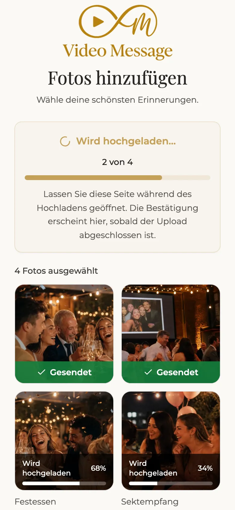 Fortschritt beim Hochladen der Fotos auf dem Smartphone des Gastes