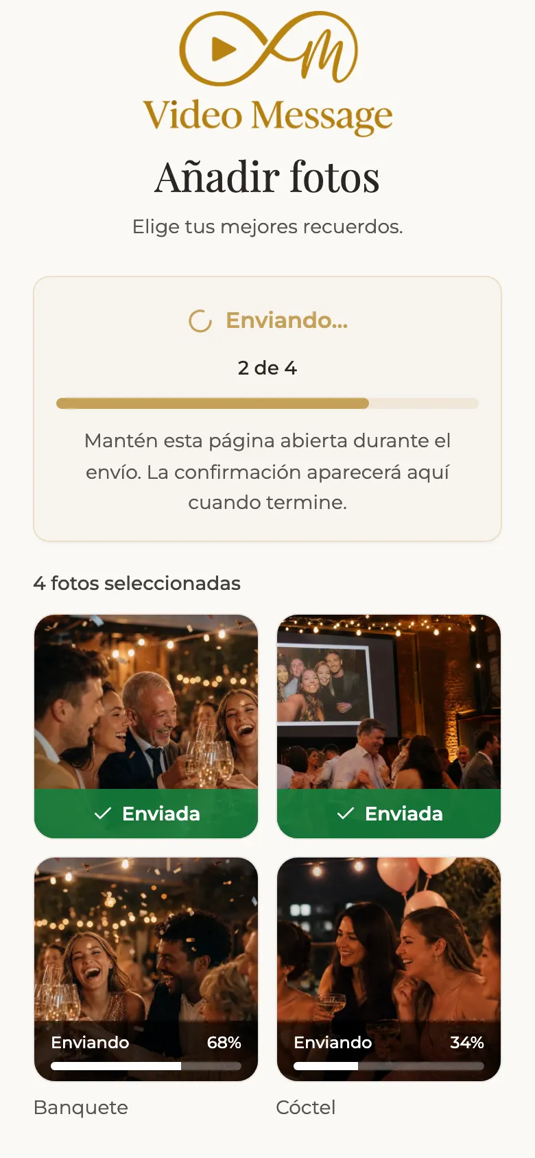 Progreso del envío de fotos en el móvil del invitado