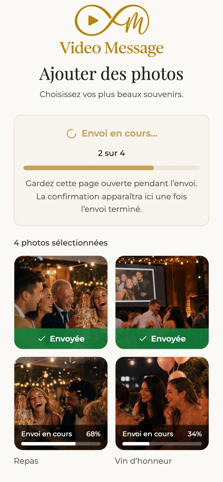 Progression de l'envoi des photos sur le téléphone de l'invité