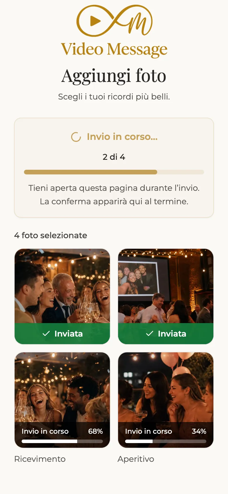 Avanzamento dell'invio delle foto sul telefono dell'invitato
