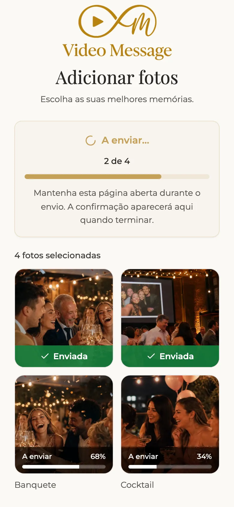 Progresso do envio das fotografias no telemóvel do convidado