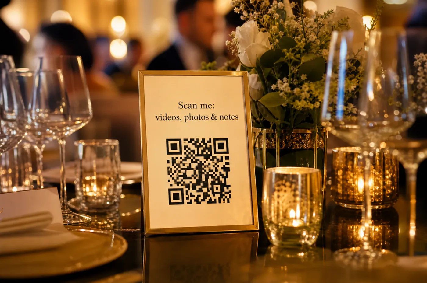 A QR code card on a reception table, ready for guests to scan
