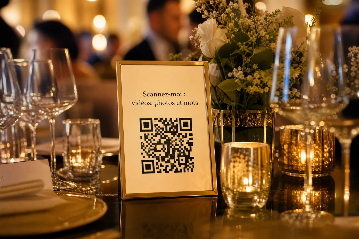 A QR code card on a reception table, ready for guests to scan