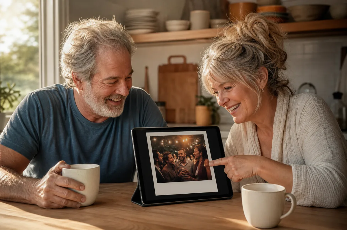 A couple watches the slideshow again on a tablet