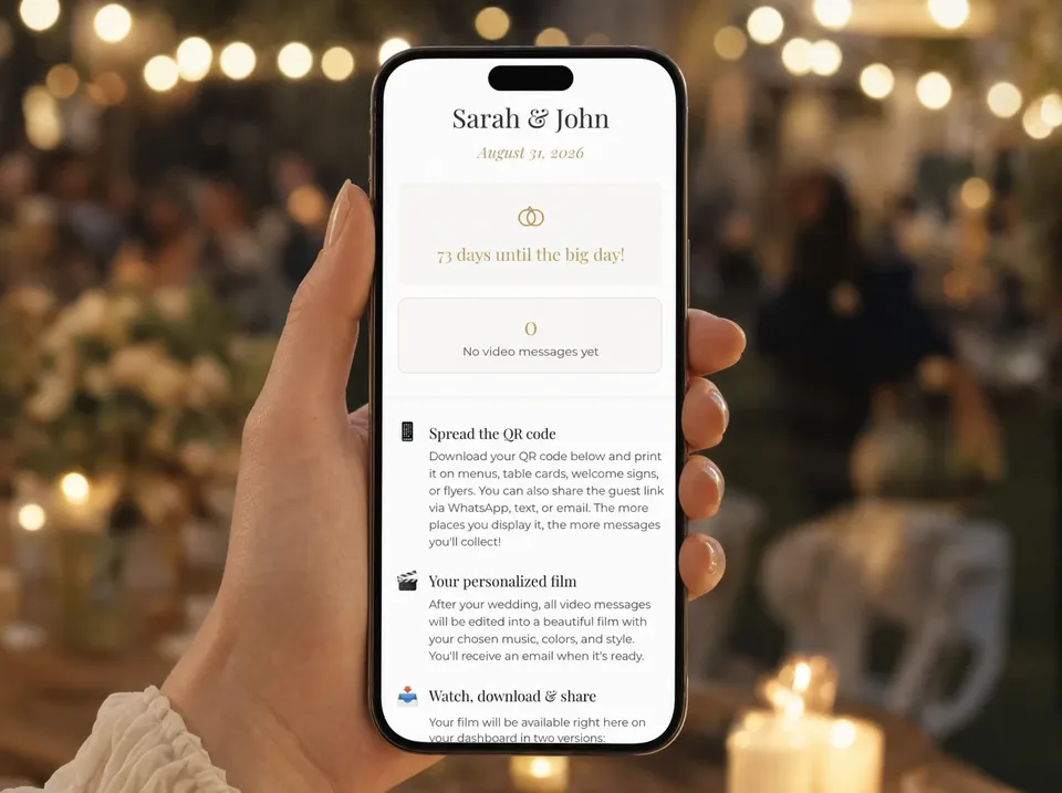 The Video Message app on a phone showing the event dashboard and film personalization