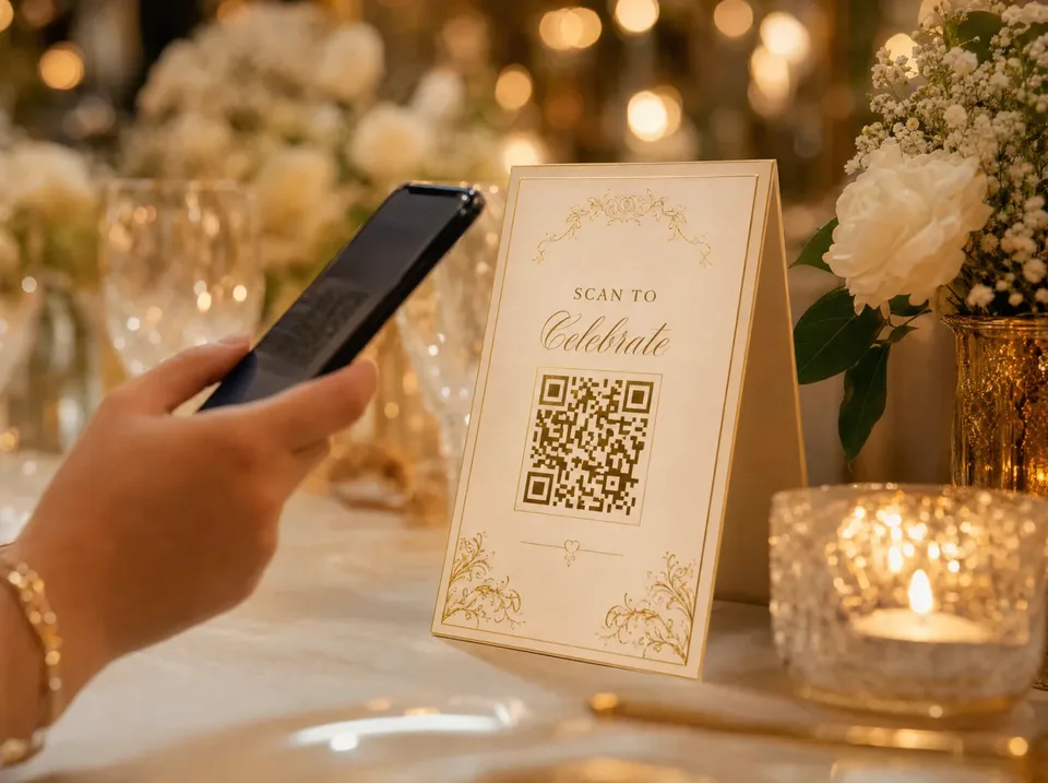 An elegant QR code card on a styled celebration table, ready for guests to scan