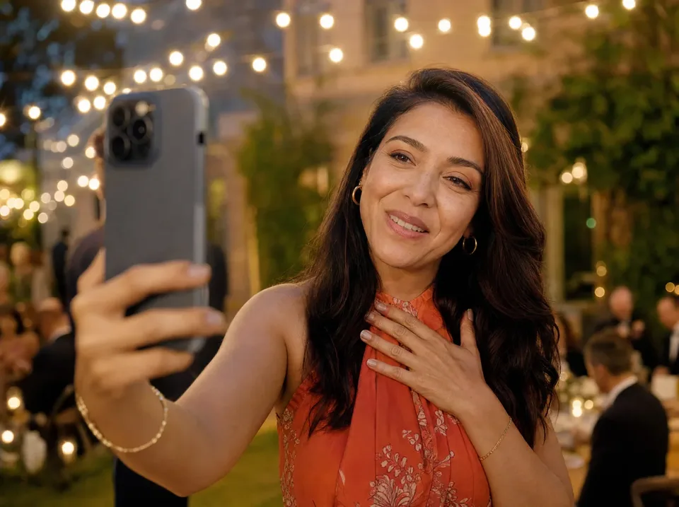 A guest at an evening celebration recording a heartfelt video message on their phone