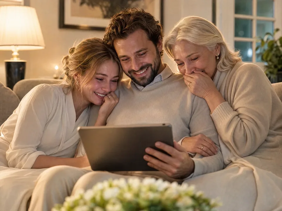 A family watching their edited celebration film together on a tablet at home