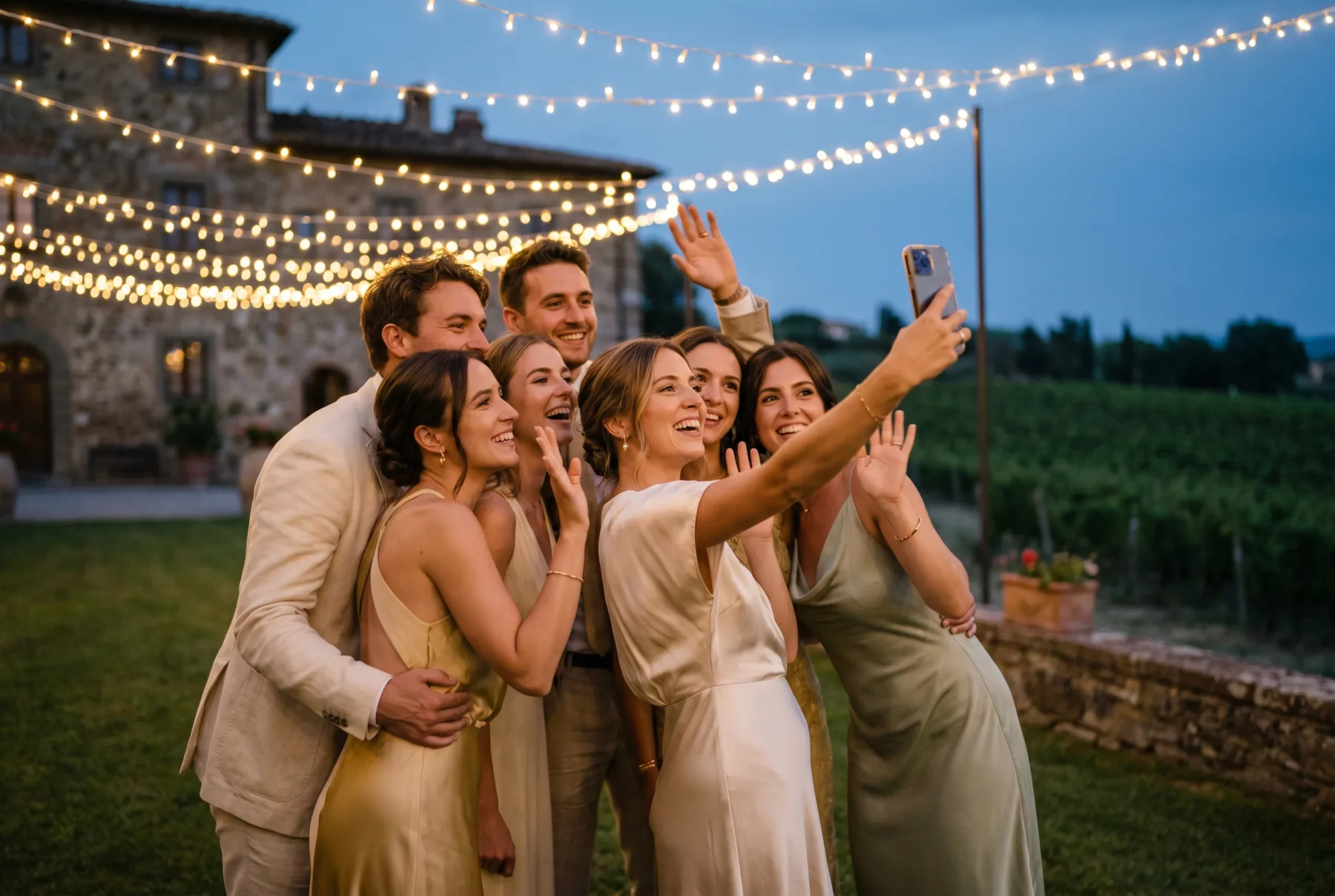 Guests gather around a phone to record a heartfelt video message at an elegant evening celebration
