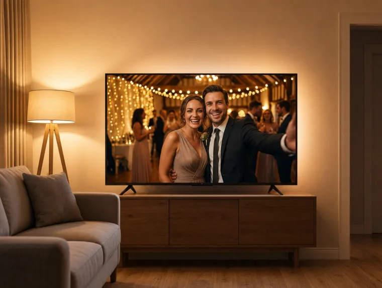 A couple watching their finished wedding film on the TV at home