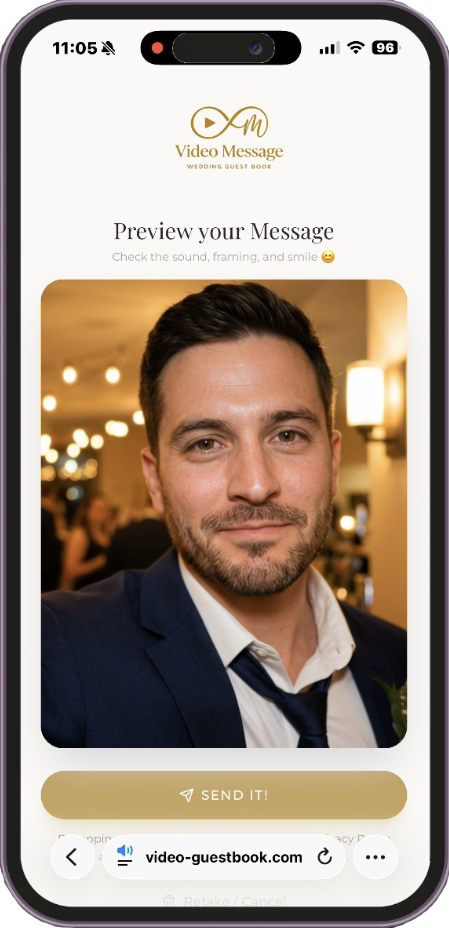 Video Message web app on an iPhone — elegant and intuitive guest recording experience