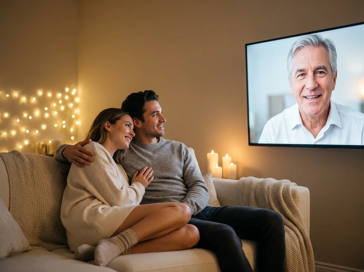 Loved ones watching their celebration film at home, warm evening light, a guest message playing on the TV